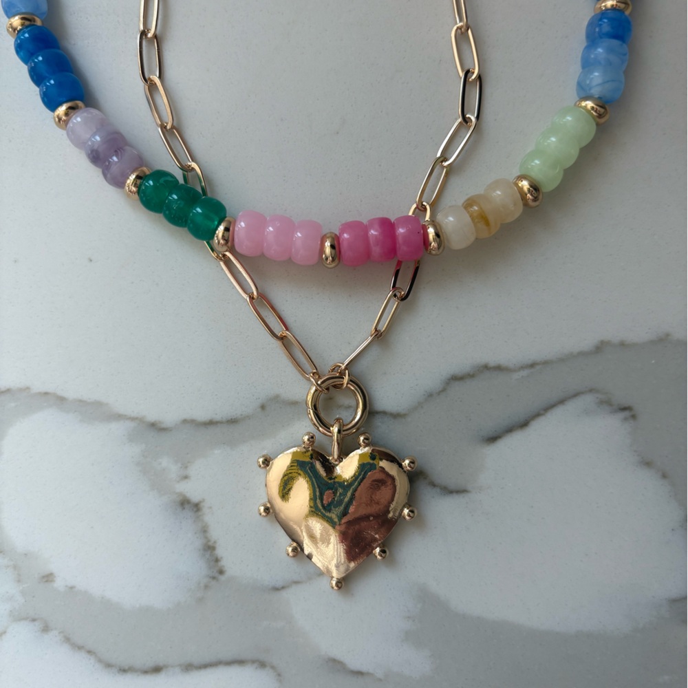 Gold Heart Charm Multicolor Beaded Bracelet